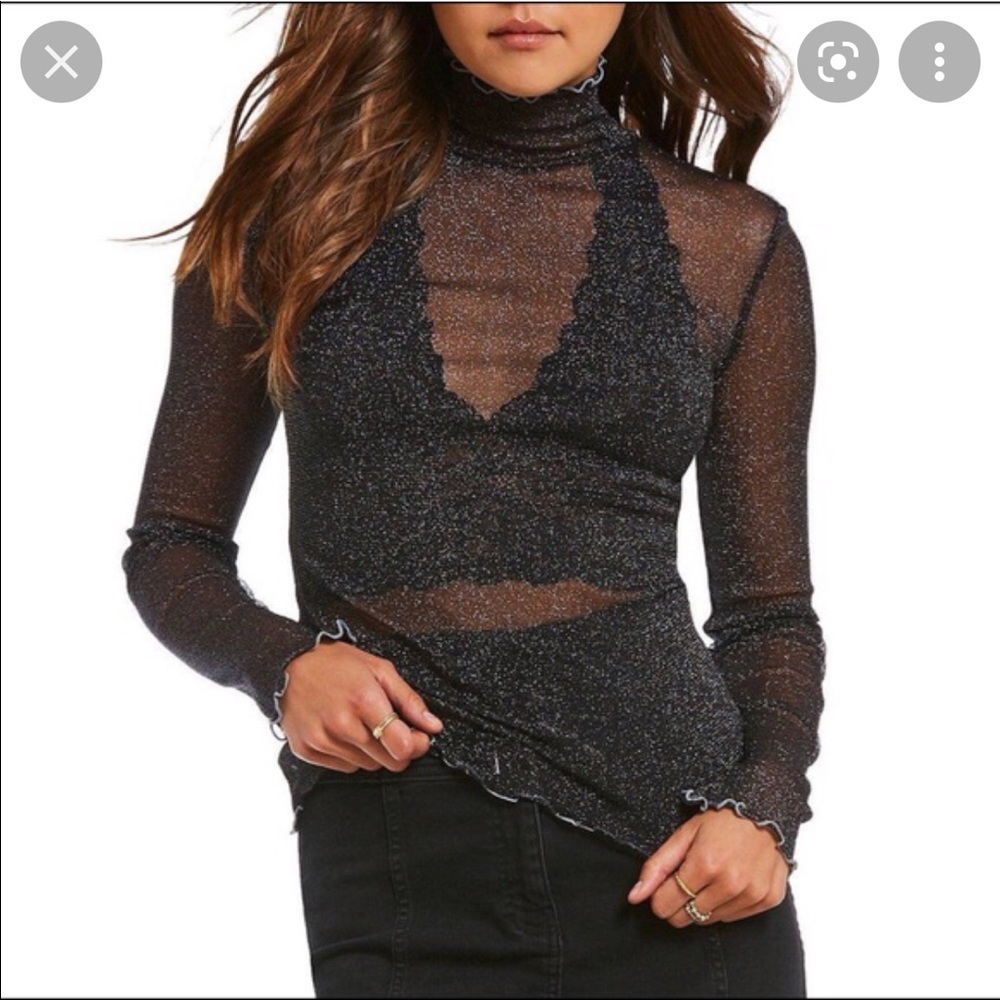 Free People black & silver sheer long sleeve turtleneck L. Fitted & stretchy.